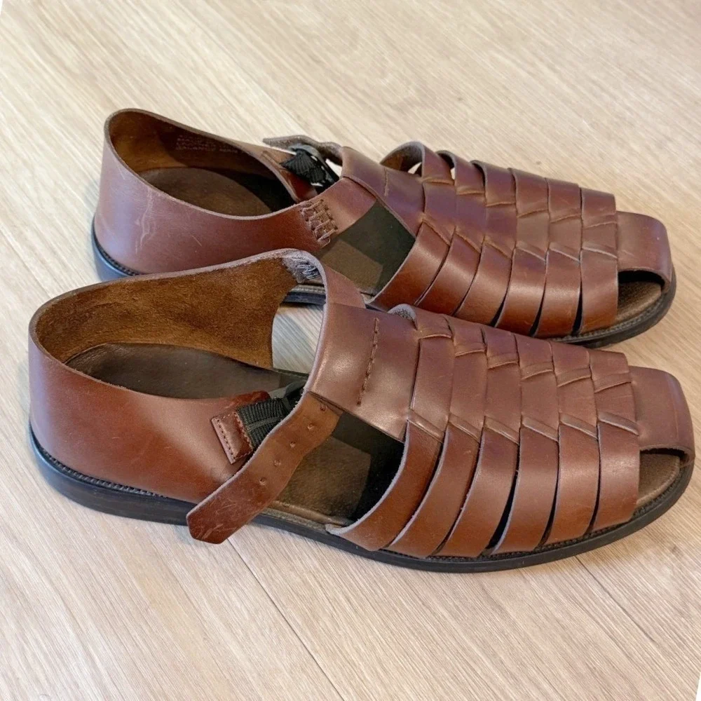 Pronto Uomo Mens 9M Brown Genuine Leather Woven Fisherman Sandals Buckle Summer